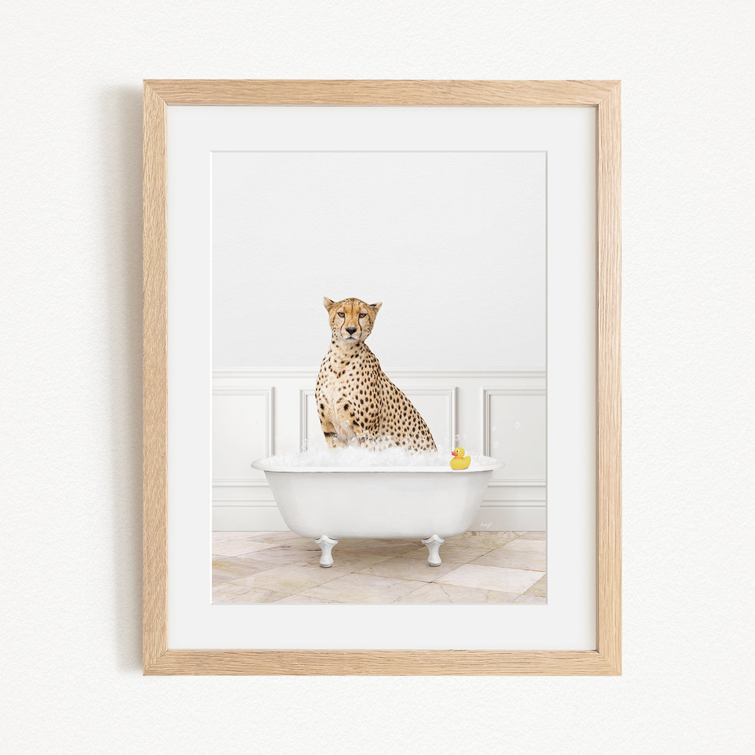 A cheetah sitting in a white bathtub filled with water and bubbles, with a yellow rubber duck floating in the water.