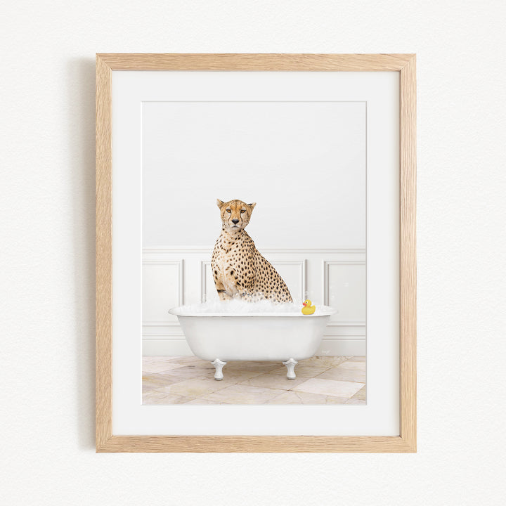 A cheetah sitting in a white bathtub filled with water and bubbles, with a yellow rubber duck floating in the water.