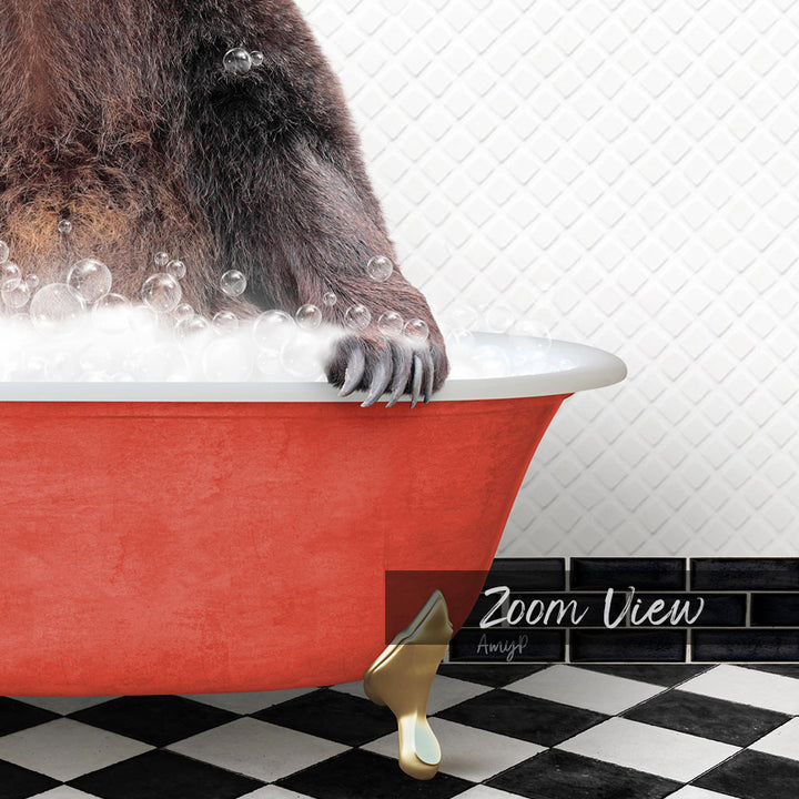 A close-up of a bear's paw resting on the edge of a red bathtub filled with bubbles, with a black and white checkered floor and a tile wall in the background.
