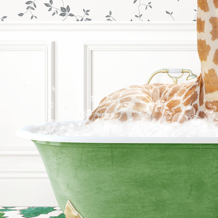 a giraffe laying down in a bath tub