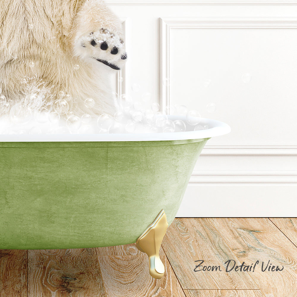 A polar bear is standing in a green bathtub filled with bubbles, with its paw raised in the air.