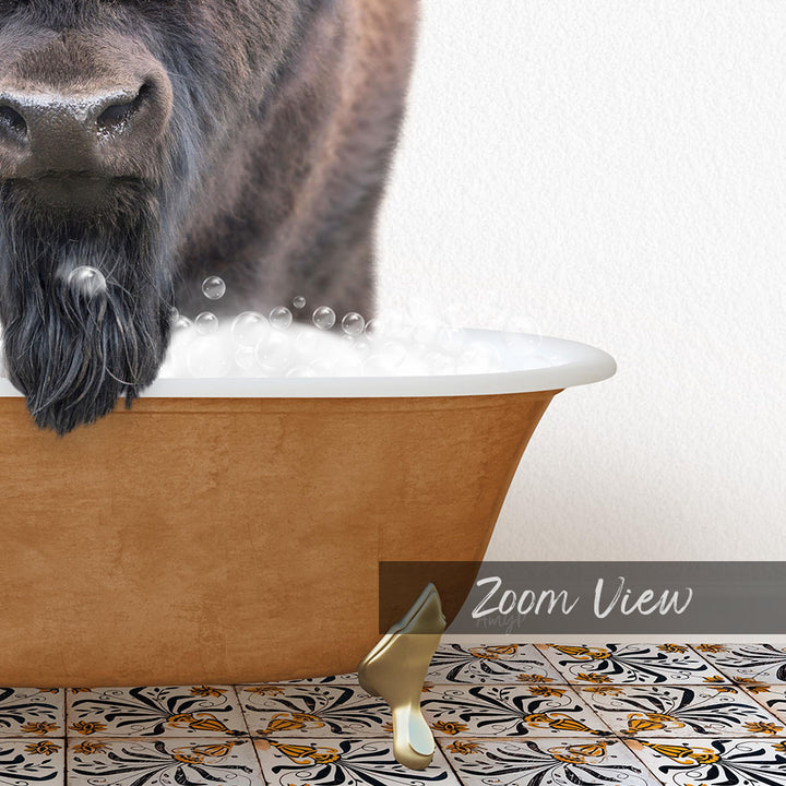 A close-up of a dog's face peeking over the edge of a bathtub filled with bubbles, with a text overlay that reads "Zoom View".