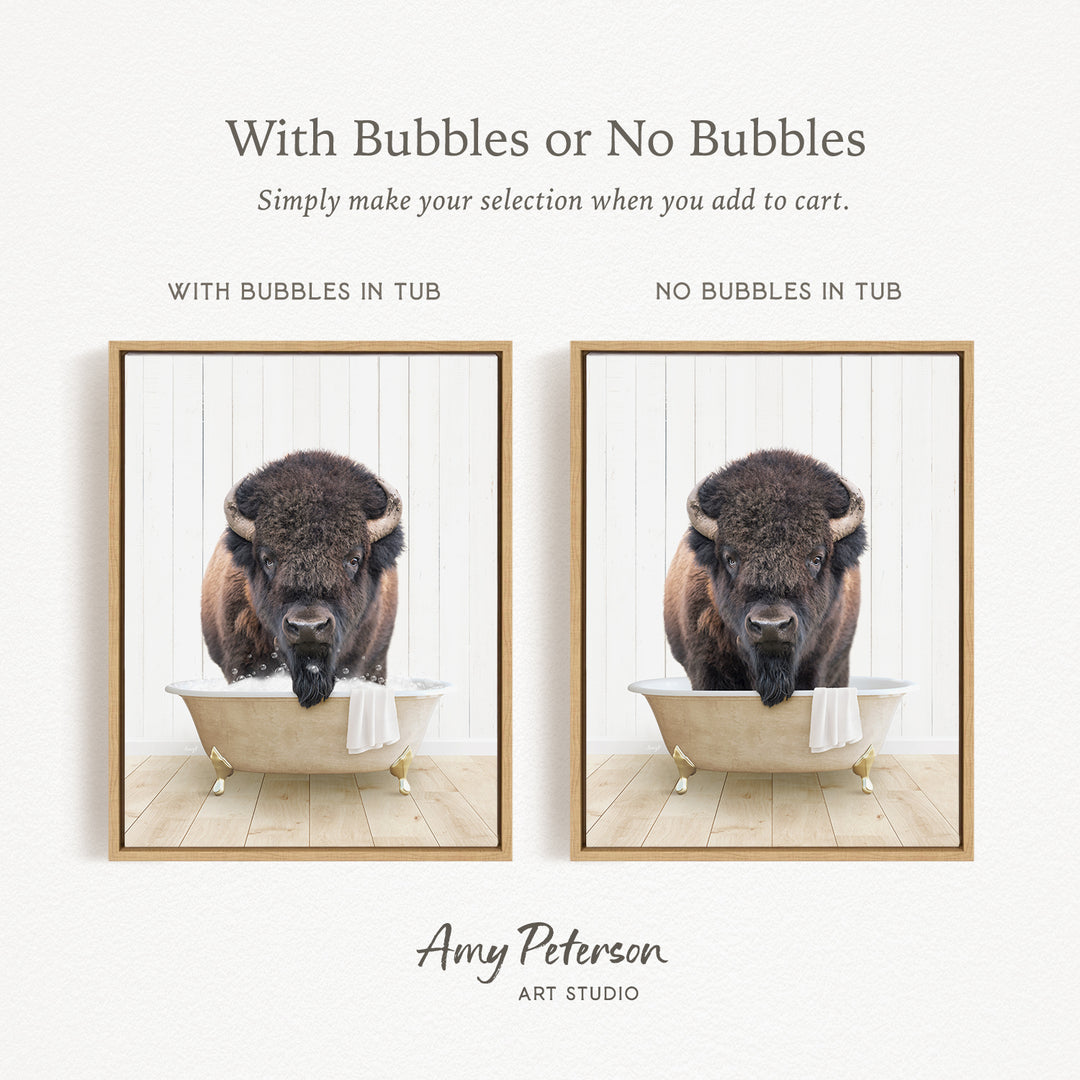 The image is a collage of two pictures featuring a buffalo in a bathtub. The buffalo is shown in two different frames, one with bubbles and the other without bubbles. The text above the images reads "With Bubbles or No Bubbles Simply make your selection when you add to cart."