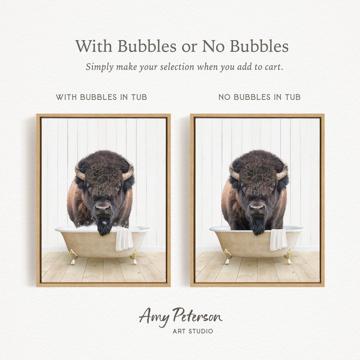 The image is a collage of two pictures featuring a buffalo in a bathtub. The buffalo is shown in two different frames, one with bubbles and the other without bubbles. The text above the images reads "With Bubbles or No Bubbles Simply make your selection when you add to cart."