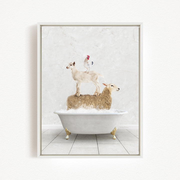A white bathtub filled with water, with a goat standing on top of it and a chicken perched on its back.