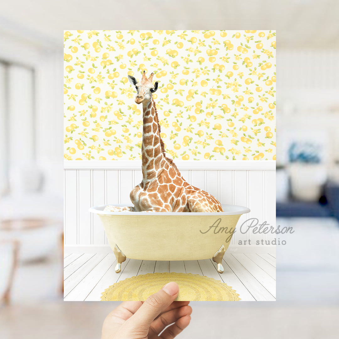 a giraffe is sitting in a bath tub