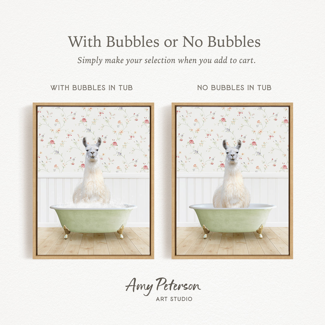 The image is a collage of two framed pictures, each featuring a white llama sitting in a bathtub. The text above the images reads "With Bubbles or No Bubbles" and below the images, it says "Simply make your selection when you add to cart."