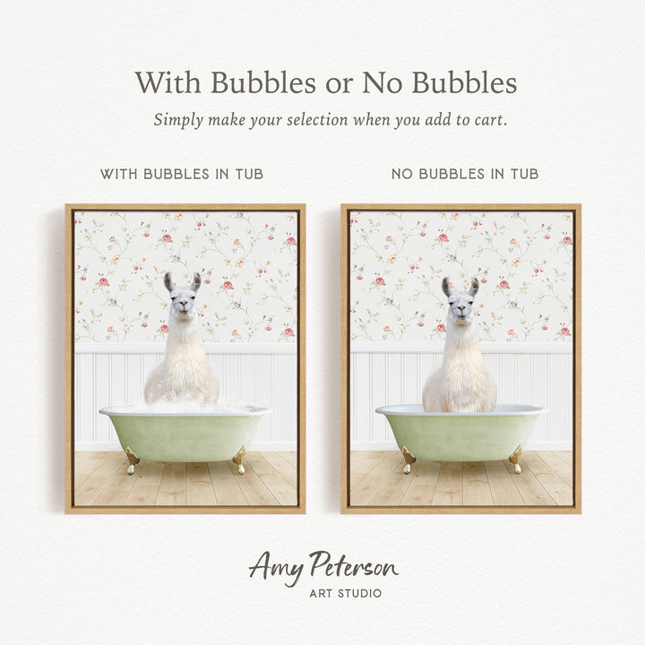 The image is a collage of two framed pictures, each featuring a white llama sitting in a bathtub. The text above the images reads "With Bubbles or No Bubbles" and below the images, it says "Simply make your selection when you add to cart."