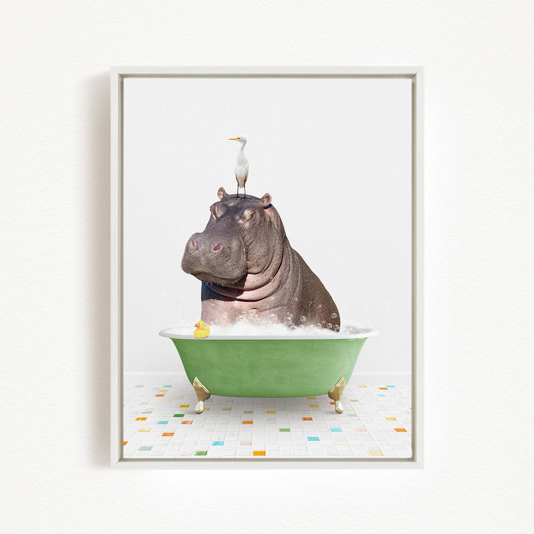 A hippopotamus sitting in a green bathtub, with a bird perched on its head.