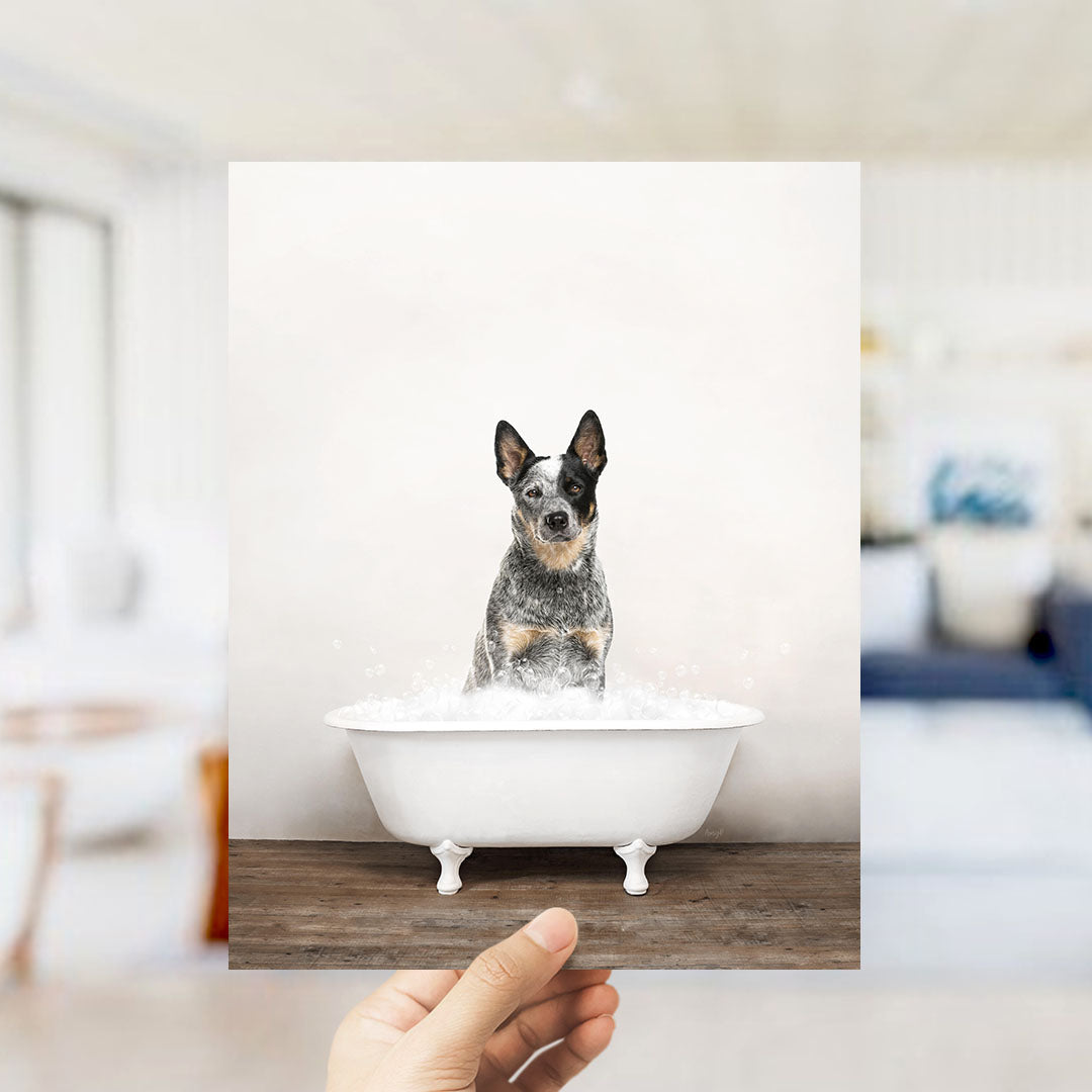 A small dog sitting in a white bathtub filled with water, with a blurred background suggesting a bathroom setting.