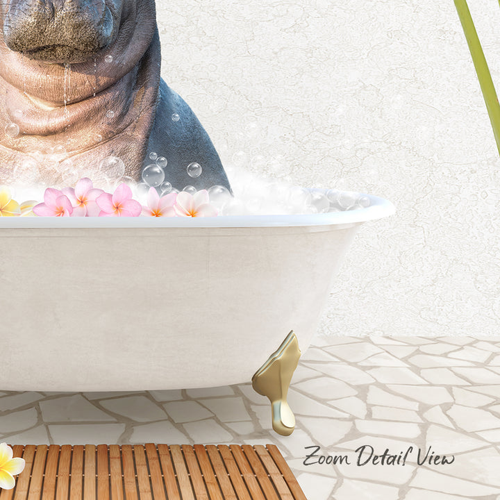 A bathtub filled with bubbles, with a dog sitting inside and surrounded by pink flowers.