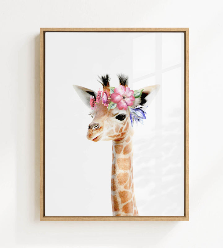 A giraffe wearing a flower crown is the central focus of the image.