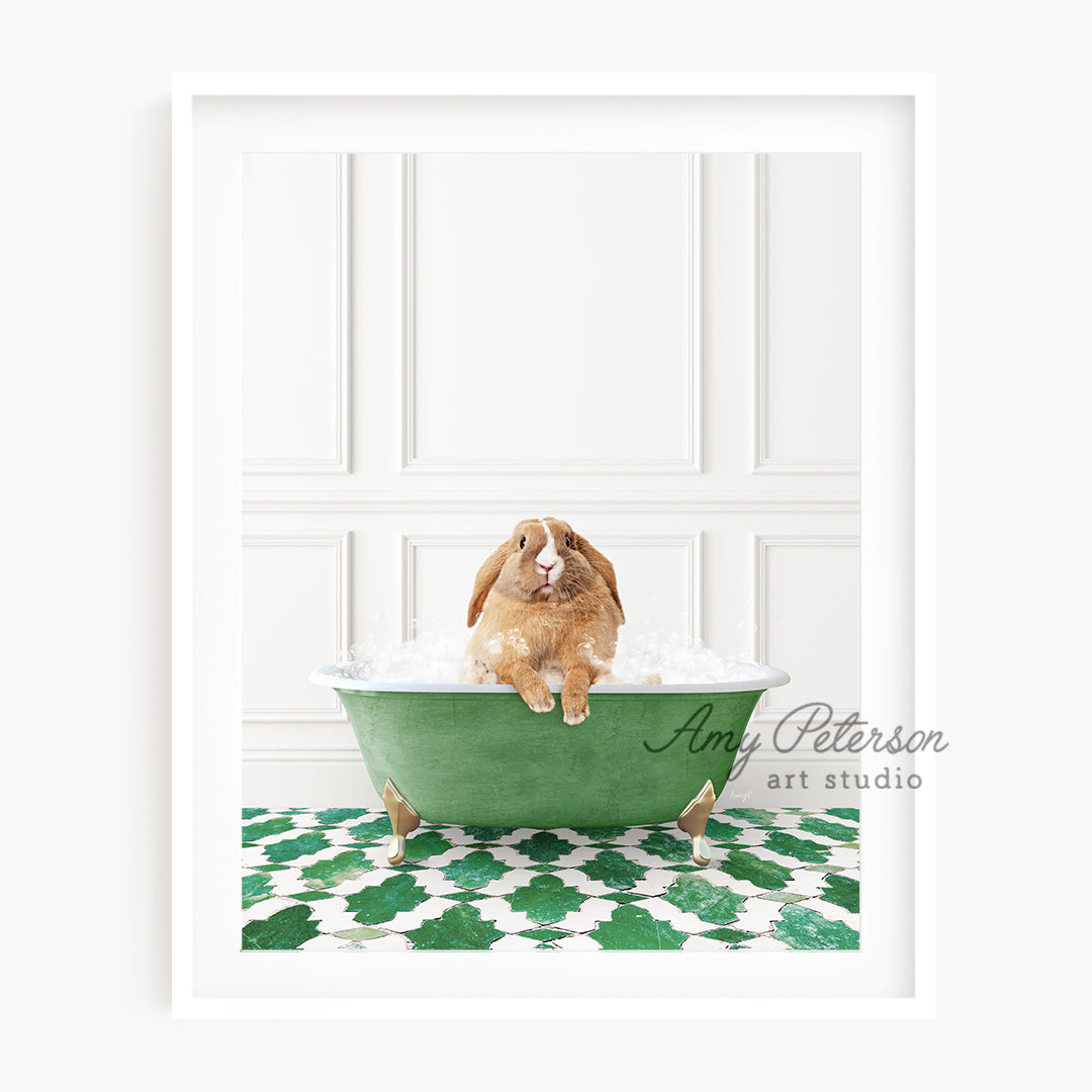 a dog sitting in a green bath tub