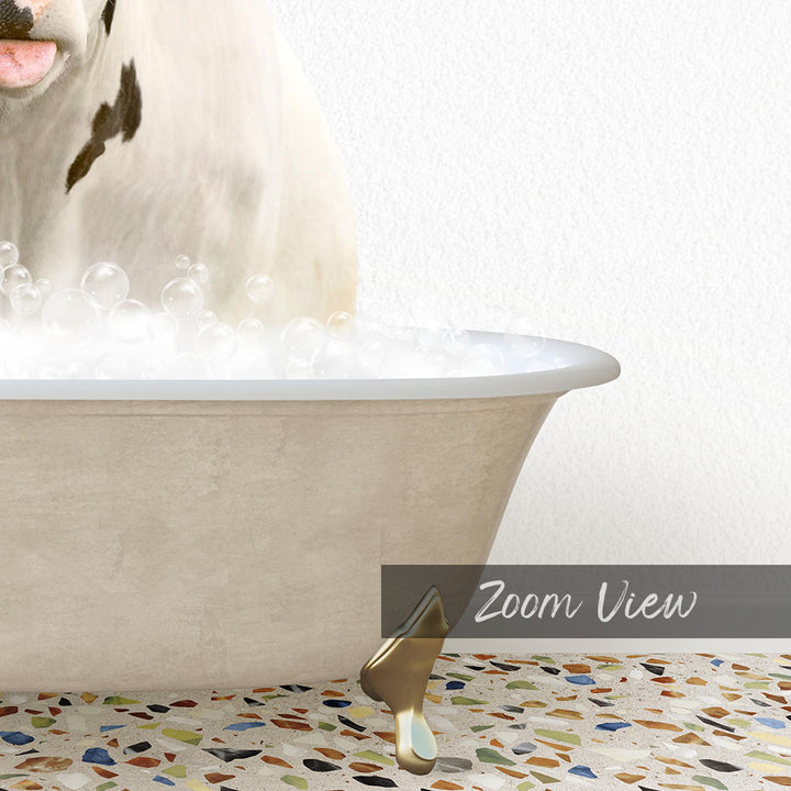 A white dog is standing in a bathtub filled with bubbles, with a text overlay that reads "Zoom View".