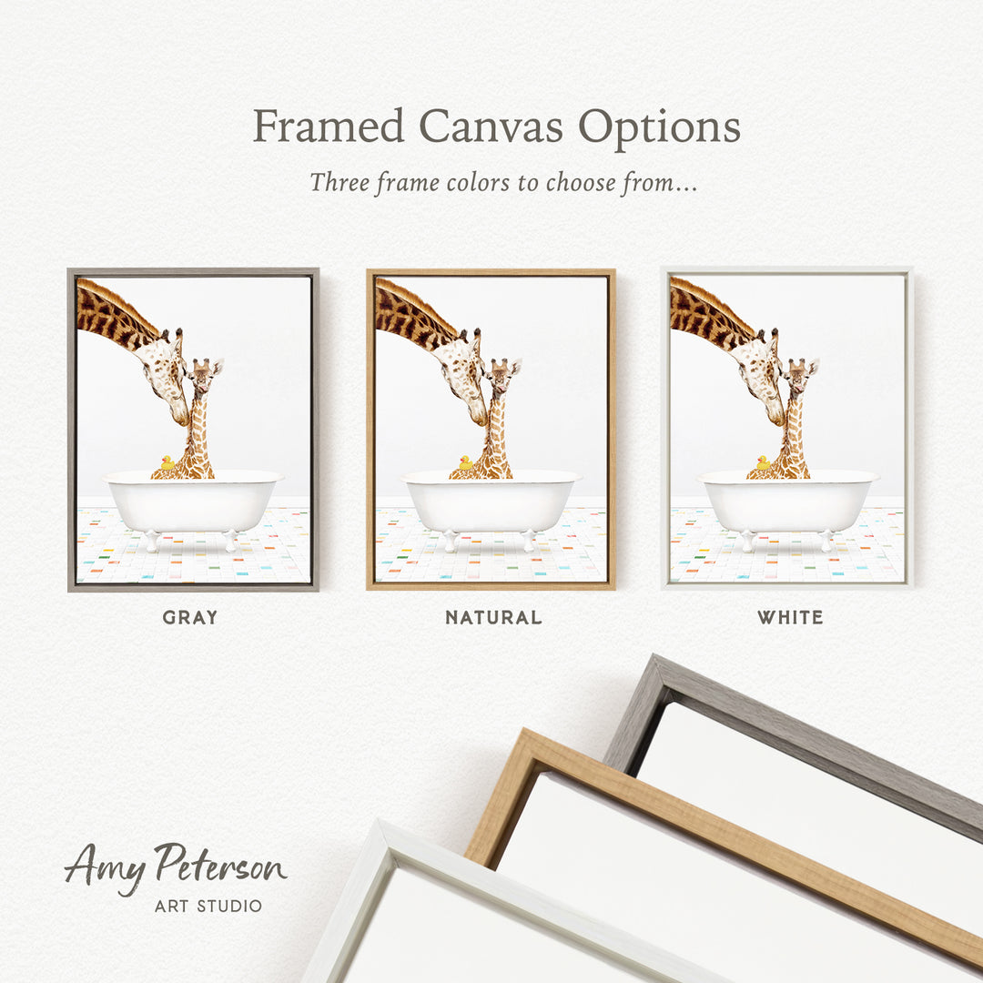 The image is a framed canvas option showcasing three different frame colors: gray, natural, and white. The canvas features an illustration of a giraffe in a bathtub, with the giraffe's long neck and legs submerged in the water.