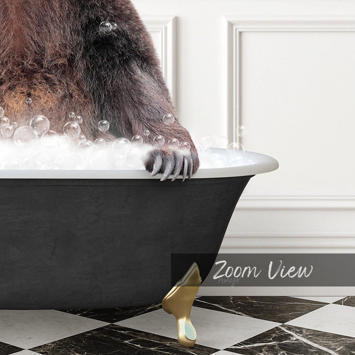 A close-up of a bear's paw resting on the edge of a bathtub filled with bubbles, with a text overlay that reads "Zoom View".
