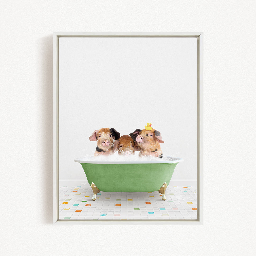 Three adorable pigs sitting in a green bathtub filled with bubbles, with one of them wearing a yellow hat.