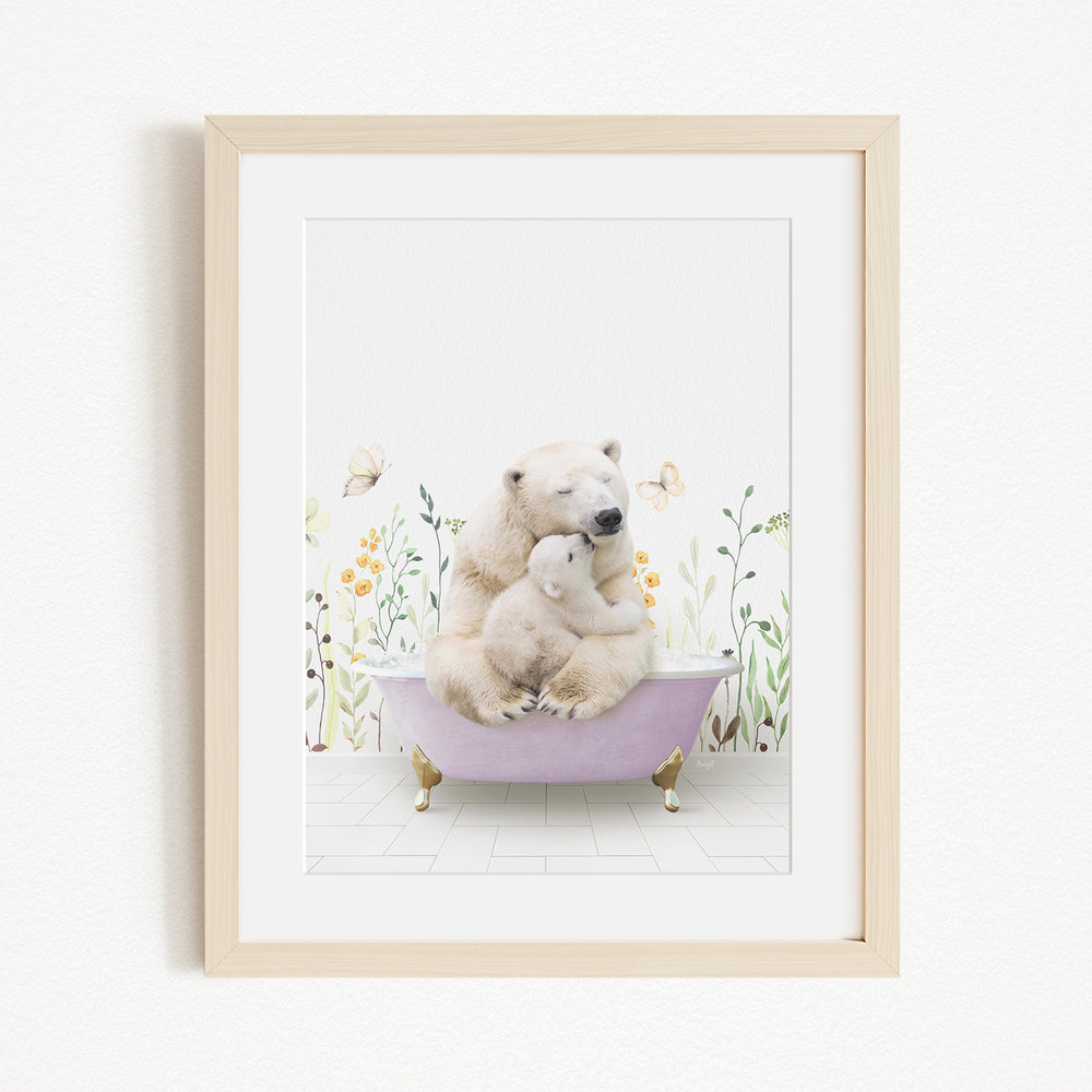 A polar bear is sitting in a bathtub, surrounded by flowers and butterflies, creating a serene and whimsical scene.