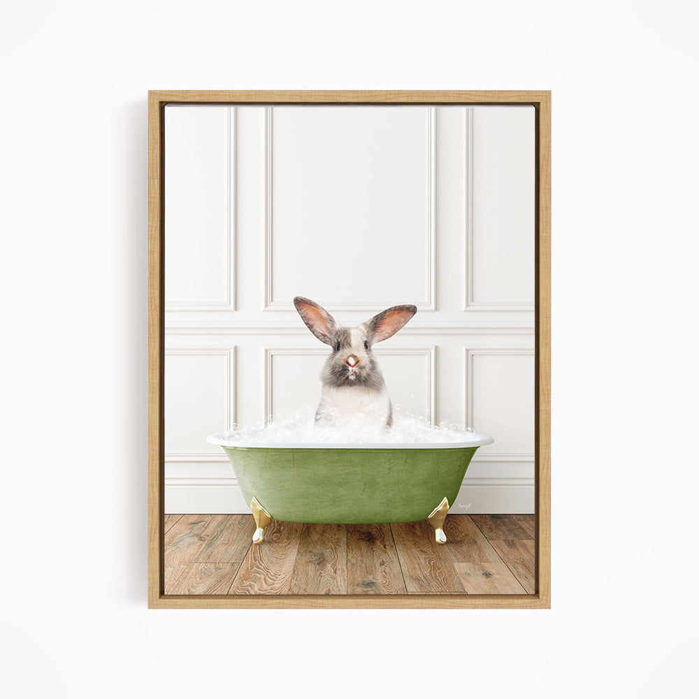 A white rabbit sitting in a green bathtub filled with water, with its head poking out of the tub.
