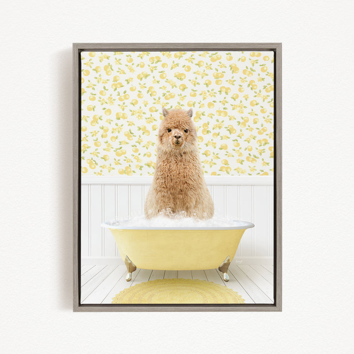 A fluffy brown dog sitting in a yellow bathtub filled with water, surrounded by a yellow and white floral patterned wall.