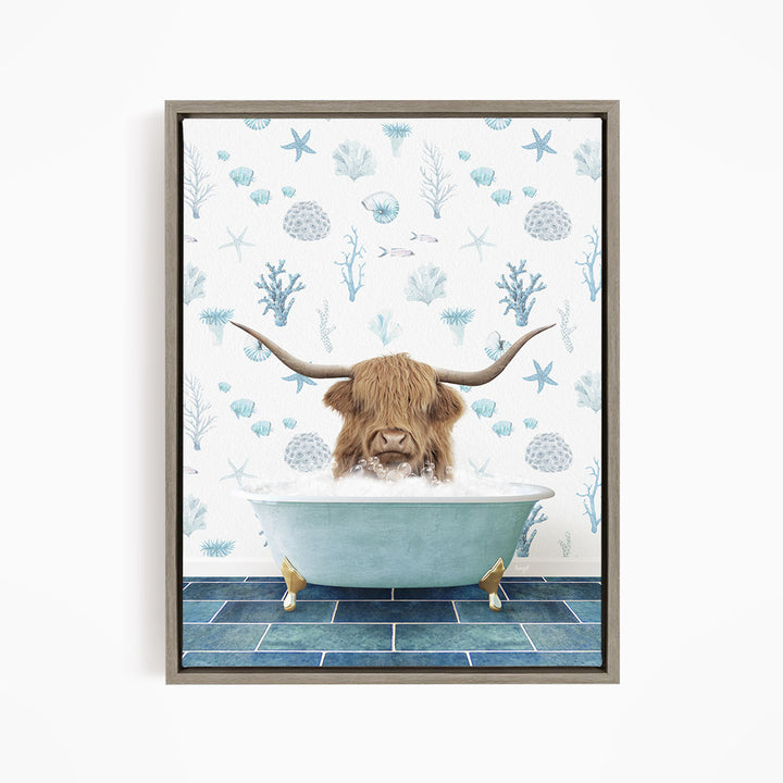 A brown cow with long horns is sitting in a blue bathtub filled with water, surrounded by a pattern of blue and white seashells and starfish.