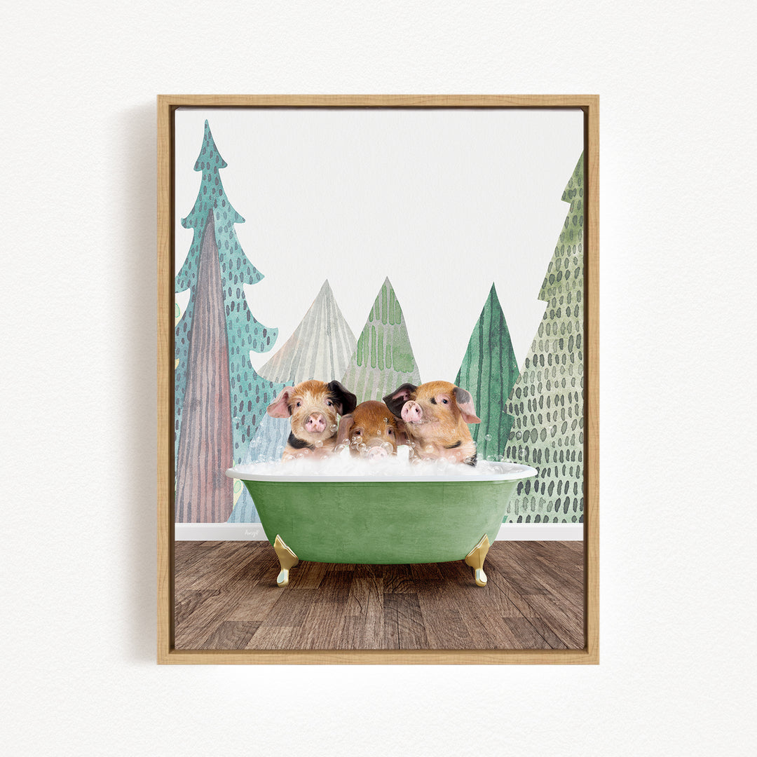 Three adorable pigs sitting in a green bathtub, surrounded by a forest-themed background.