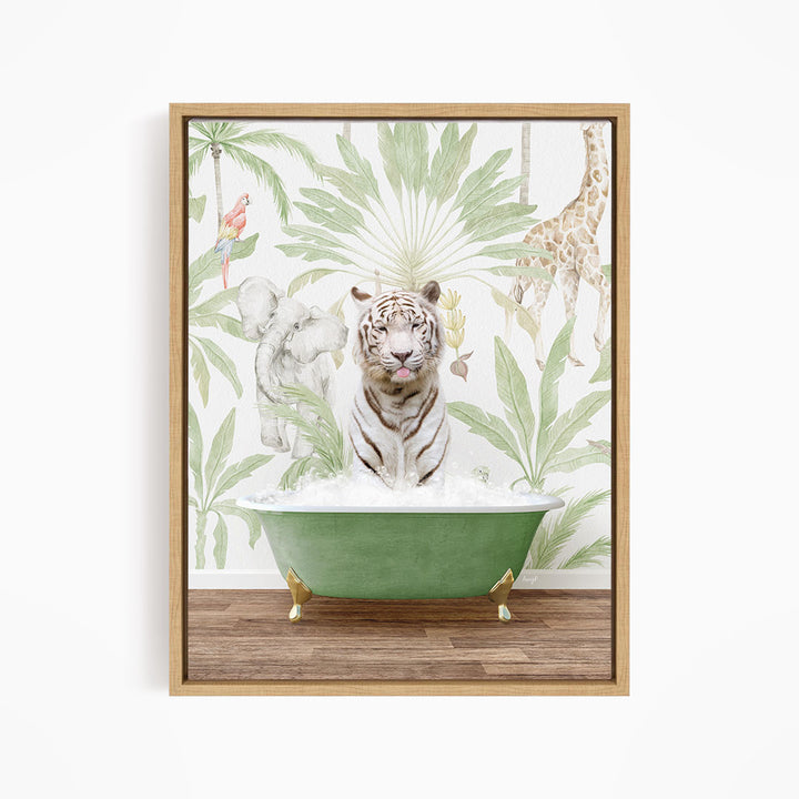 A tiger sitting in a green bathtub, surrounded by tropical foliage and animals, such as a giraffe and a parrot.
