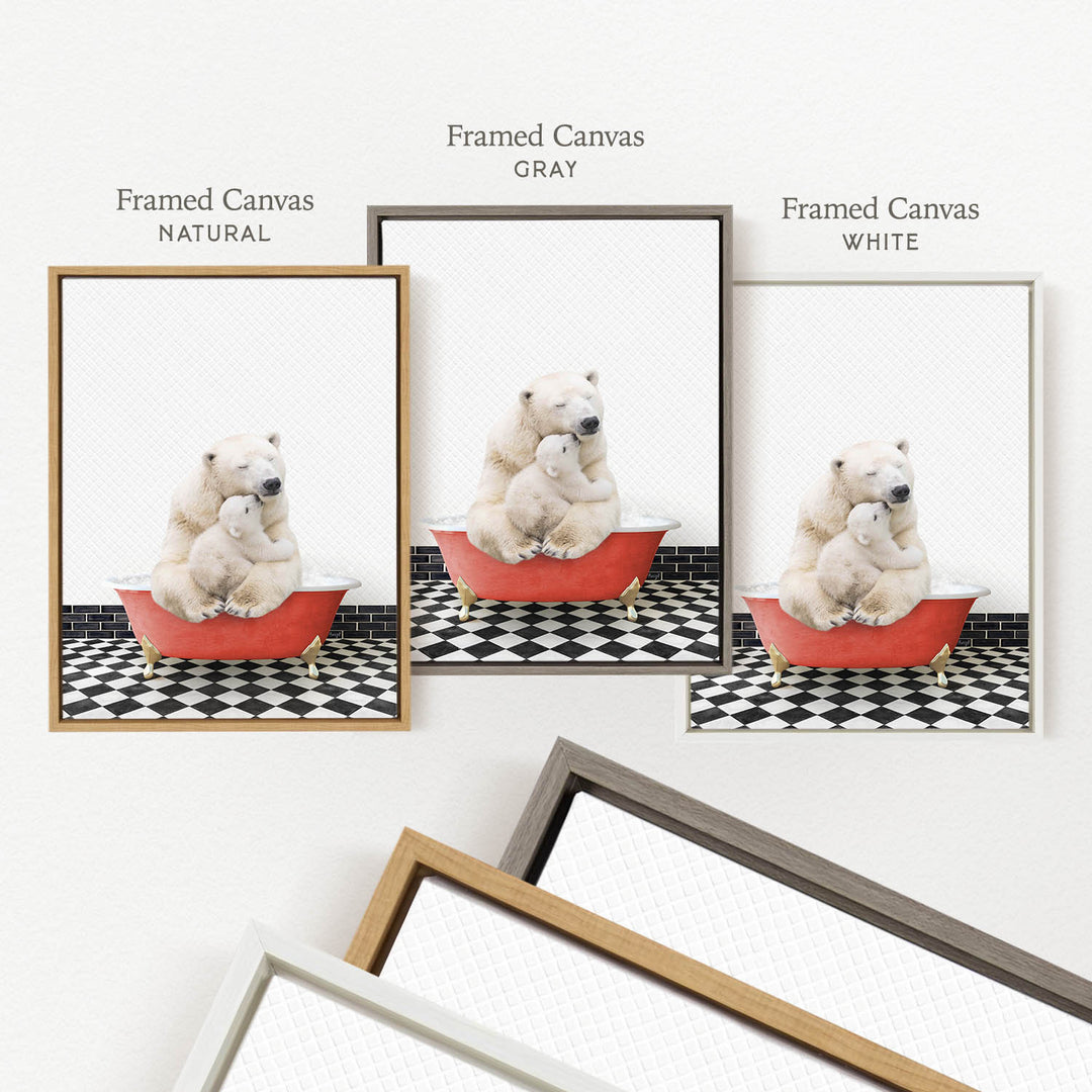 three framed pictures of polar bears sitting in bathtubs, each with a different color frame.