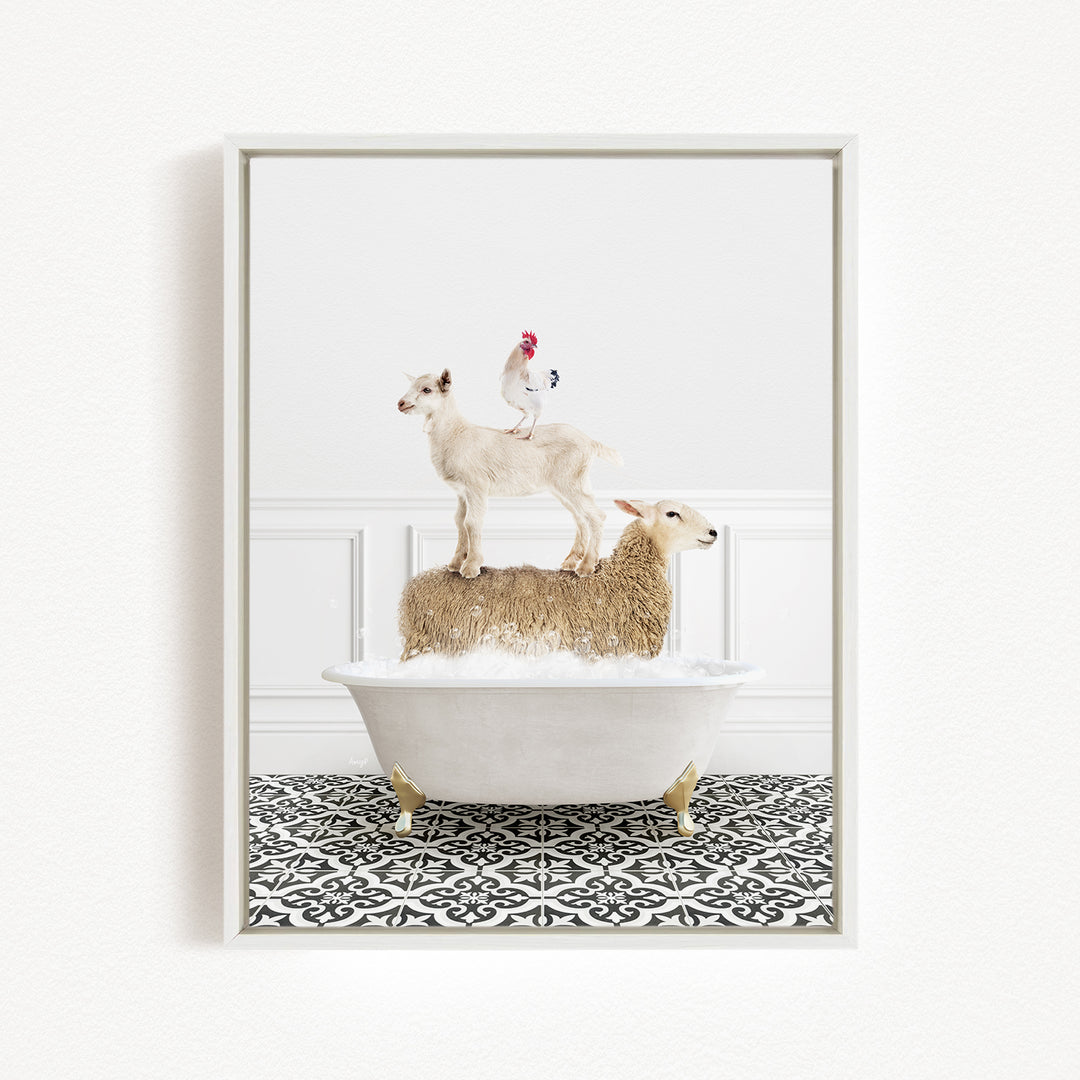 A white bathtub with a goat standing on top of it, and a chicken perched on the goat's back.
