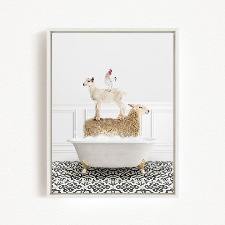 A white bathtub with a goat standing on top of it, and a chicken perched on the goat's back.