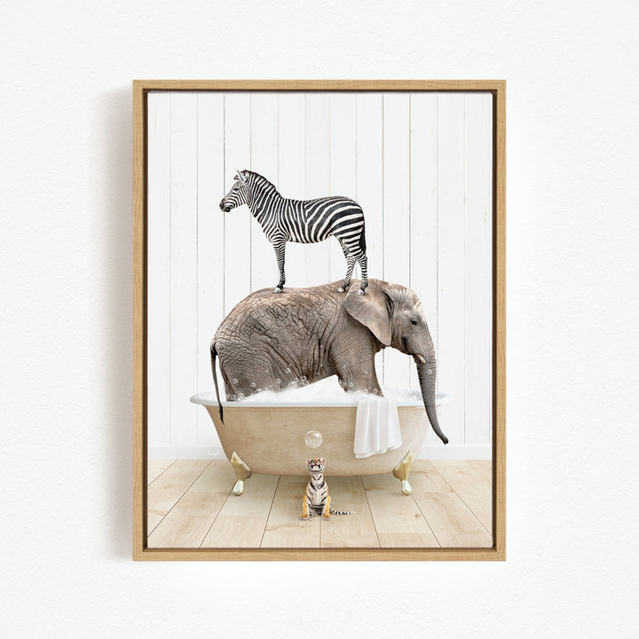 A zebra stands on the back of an elephant, which is submerged in a bathtub, with a tiger standing nearby.