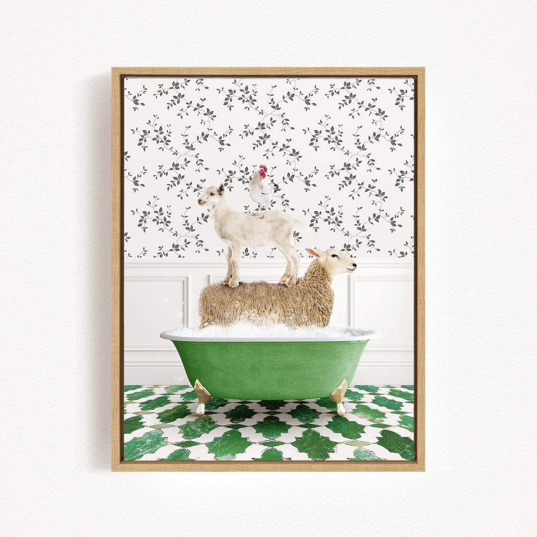 A framed image depicting a white goat standing on a brown sheep in a green bathtub, with a chicken perched on top of the sheep.