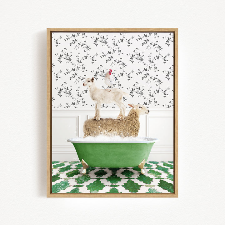A framed image depicting a white goat standing on a brown sheep in a green bathtub, with a chicken perched on top of the sheep.