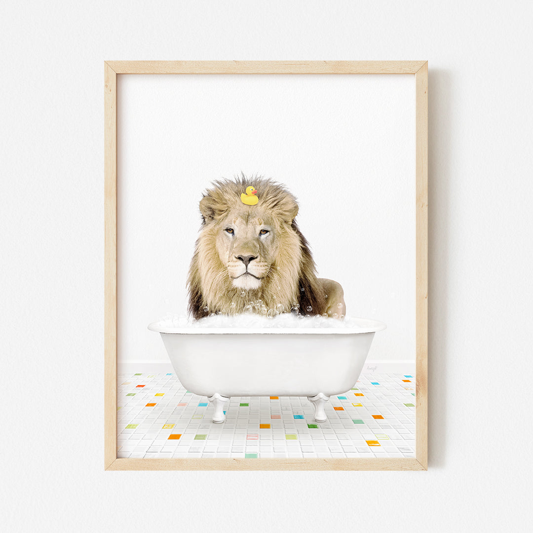 a picture of a lion sitting in a bathtub