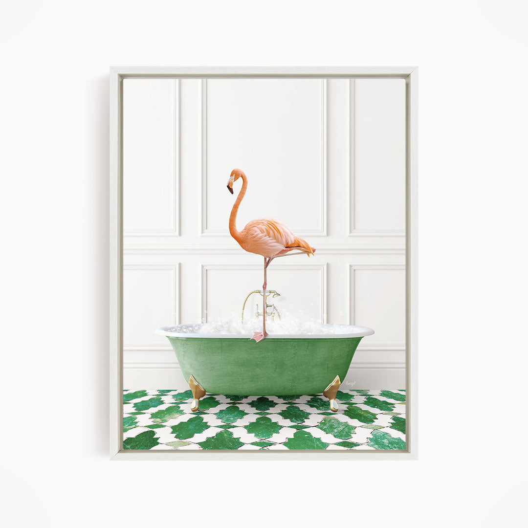 A pink flamingo stands on the edge of a green bathtub filled with water, creating a whimsical and playful scene.