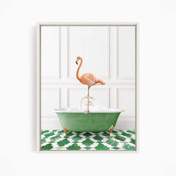 A pink flamingo stands on the edge of a green bathtub filled with water, creating a whimsical and playful scene.