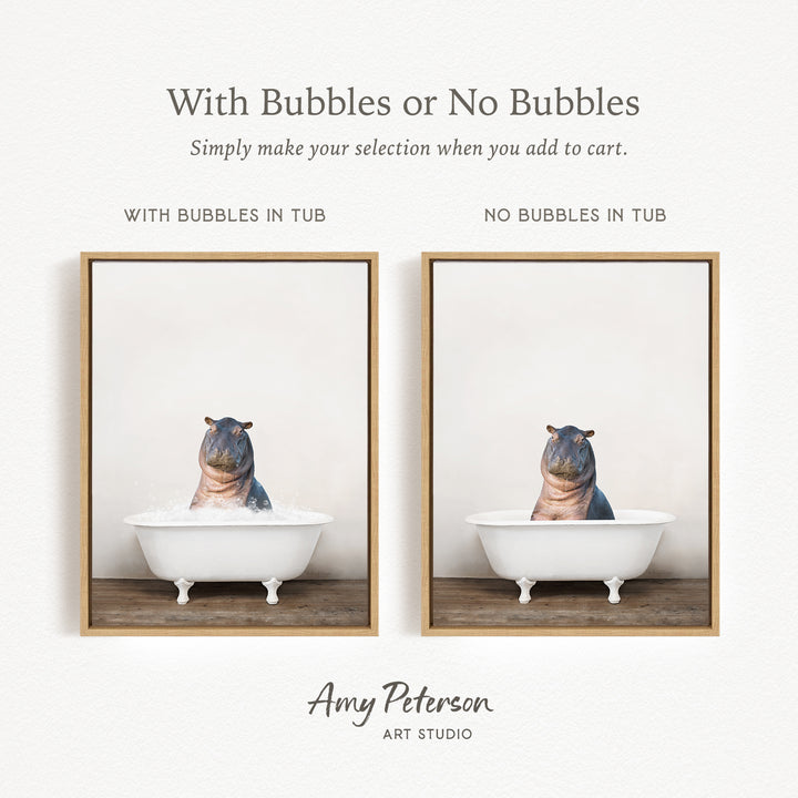 The image is a collage of two pictures, each featuring a hippopotamus sitting in a tub. The text above the images reads "With Bubbles or No Bubbles" and below the images, it says "Simply make your selection when you add to cart."