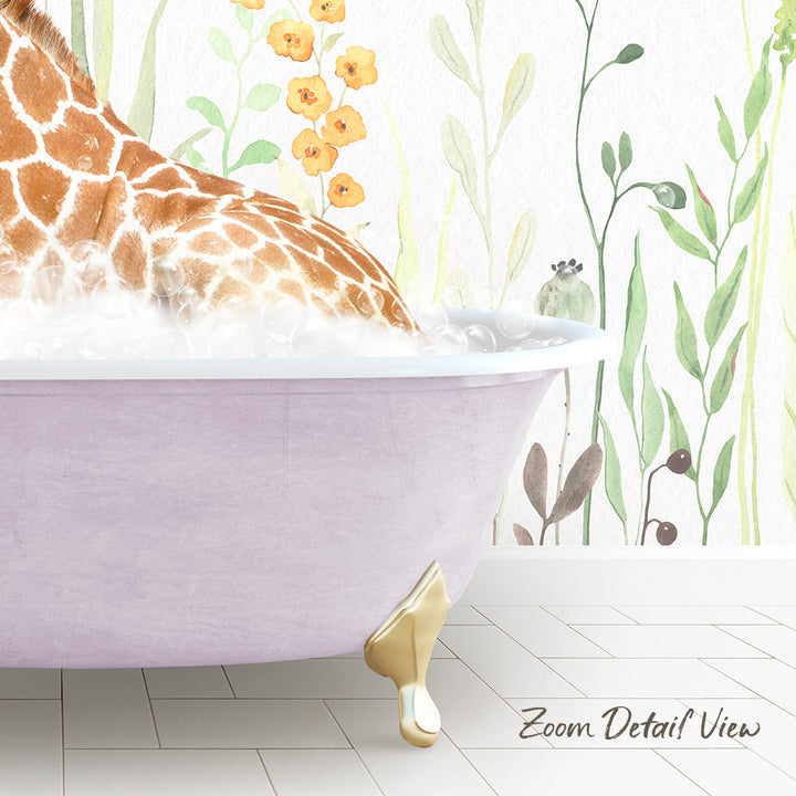 A giraffe is sitting in a bathtub filled with water, surrounded by a floral wallpaper.