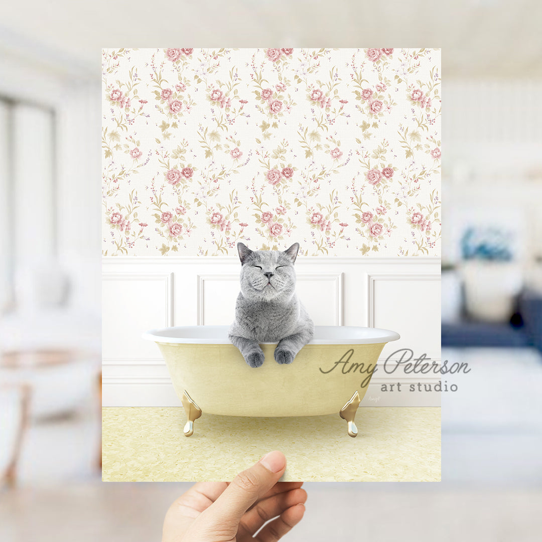 a person holding up a card with a cat in a bathtub