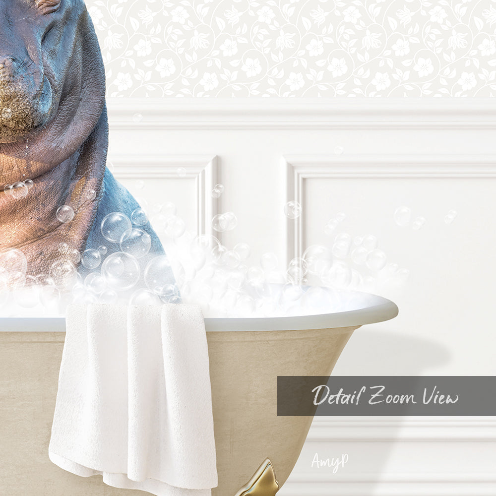 A close-up of a bathtub filled with bubbles, with a towel draped over the side and a large, partially submerged animal, likely a hippopotamus, in the water.