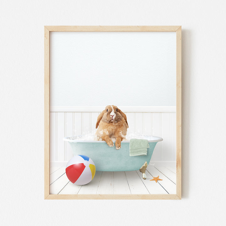 a rabbit sitting in a bathtub with a beach ball