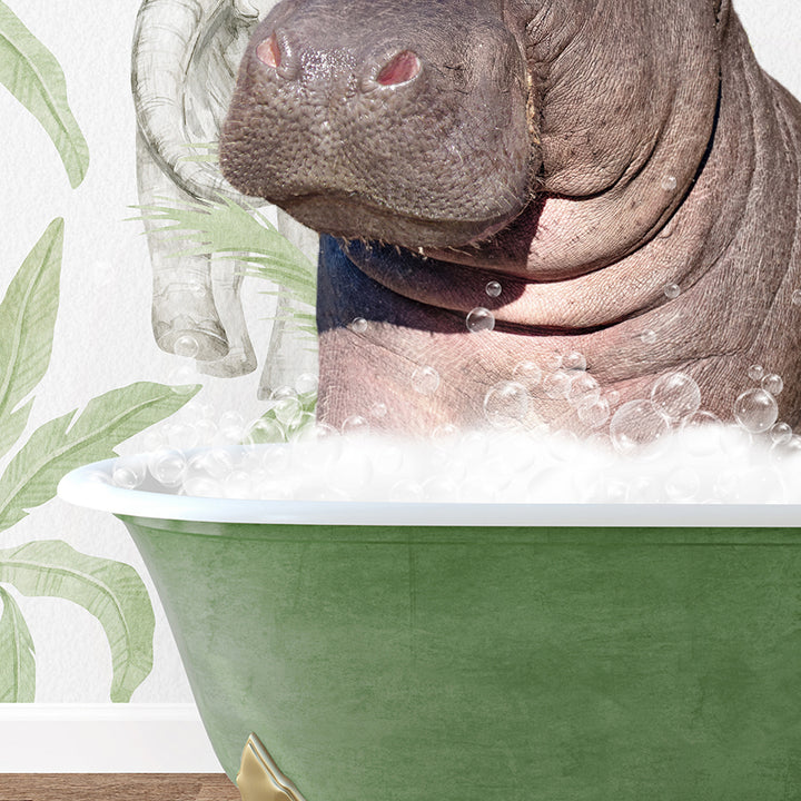 a hippopotamus sitting in a bathtub full of bubbles