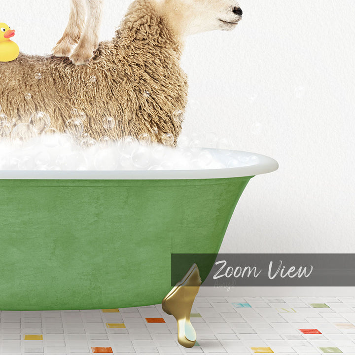 A sheep is standing in a green bathtub filled with water, surrounded by bubbles, with a rubber duck floating on the water's surface.