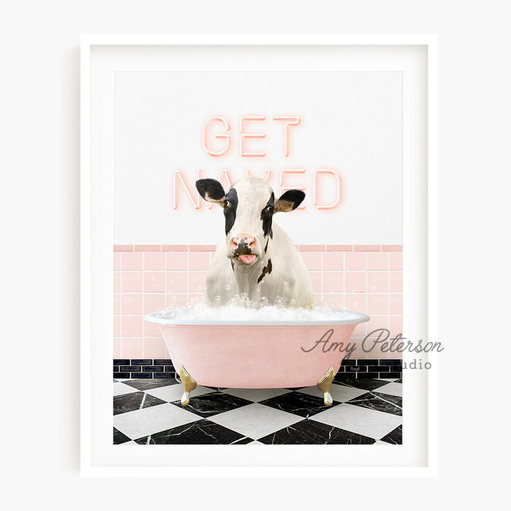 a cow sitting in a bathtub with a neon sign above it