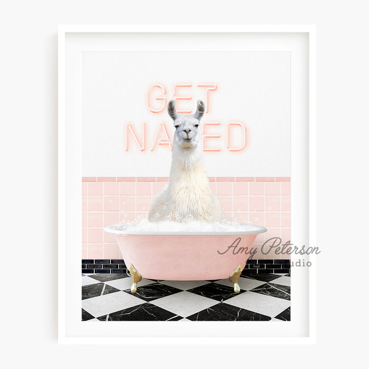 a llama sitting in a bathtub with the words get naked above it