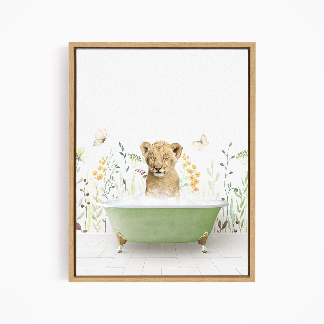 A young lion cub sitting in a green bathtub filled with water, surrounded by flowers and butterflies.