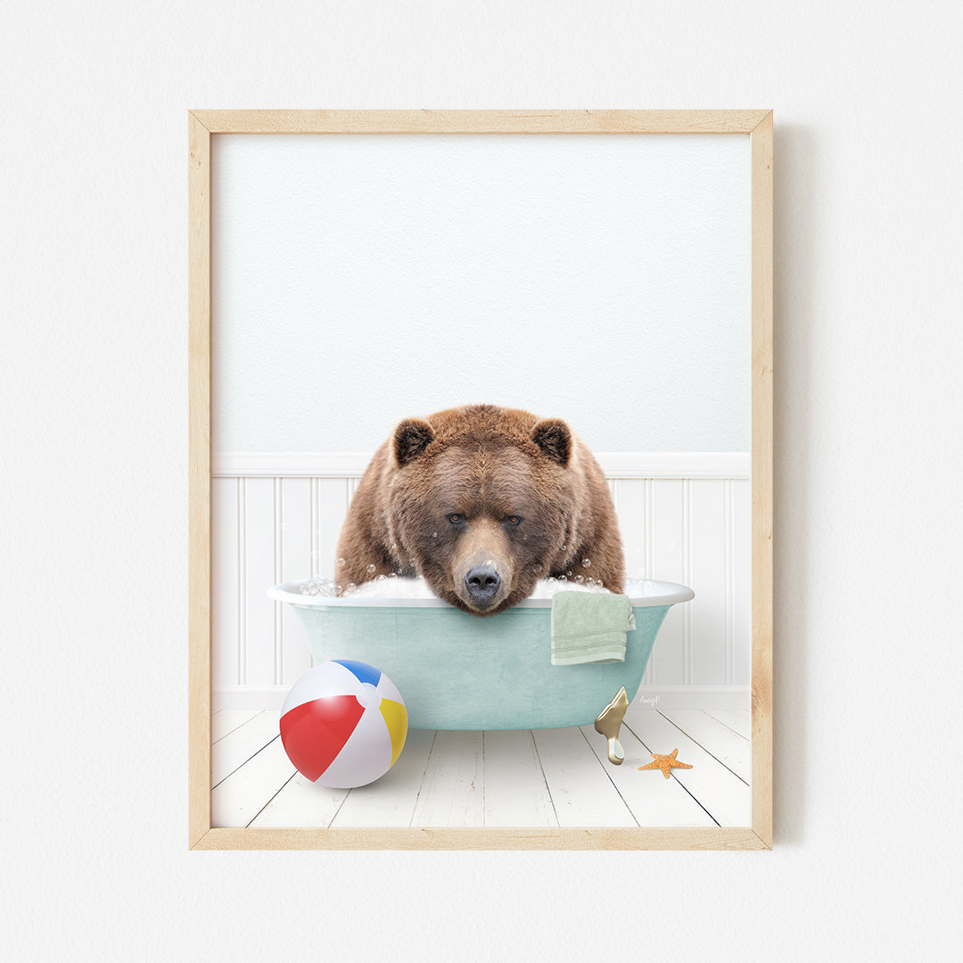 a picture of a bear in a bathtub with a beach ball