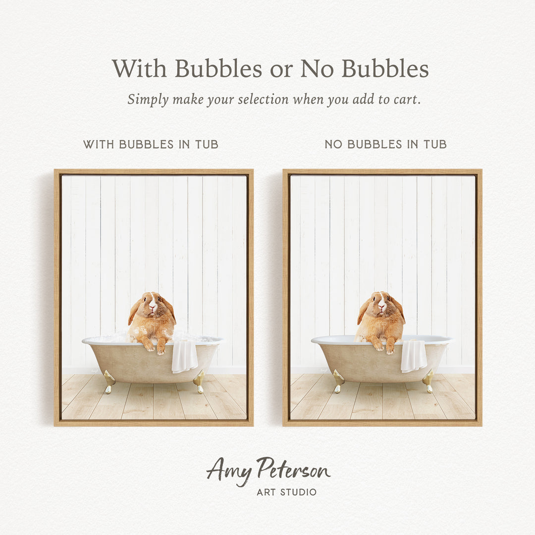 The image is a collage of two pictures, each featuring a dog sitting in a bathtub. The dog in the bathtub has bubbles, while the other dog does not have bubbles. The collage is titled "With Bubbles or No Bubbles" and is created by Amy Peterson from Art Studio.