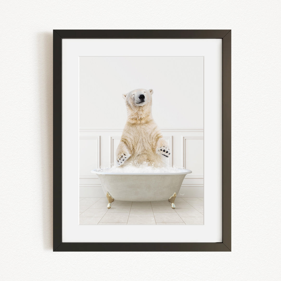 A polar bear sitting in a bathtub filled with water, appearing to be enjoying a bath.
