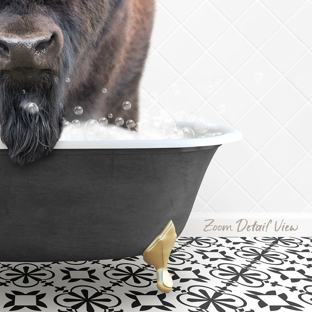 A dog with a long beard is sitting in a bathtub filled with bubbles, with a gold bathtub faucet and a patterned tile floor visible in the background.